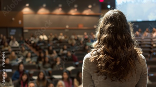 Closeup of a woman standing in front of a crowded lecture hall delivering a lecture on quantum mechanics a traditionally maledominated field of science. Women in academia and research . photo