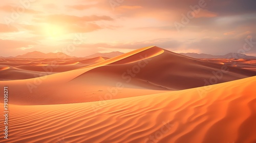 Desert sand dunes panorama at sunset. 3d render