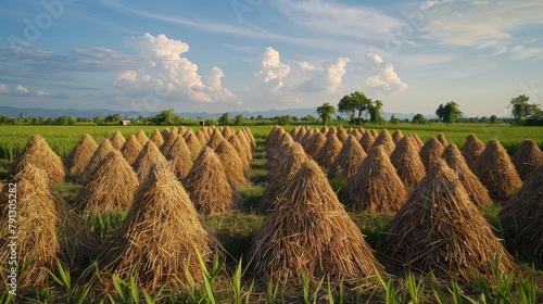 Fodder production Haystacks vs Cultivated crops for livestock feed photo