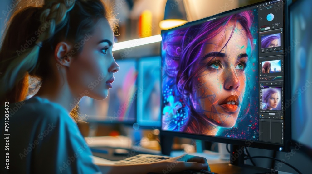 Obraz premium A digital artist intensely focuses on creating a colorful portrait on her graphics monitor in a creative setup