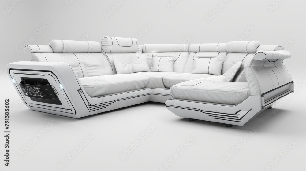 Fototapeta premium Futuristic corner sofa bed featuring cutting-edge design in white upholstery, equipped with modular storage, in a smart home environment, isolated background