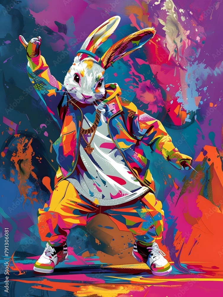 Colorful Costumed Rabbit Dancer in Dynamic Abstract