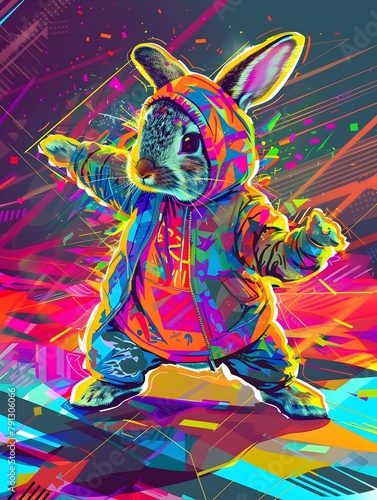 Vibrant Psychedelic Rabbit Character in Hooded Sci Fi Costume