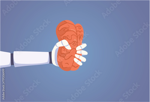 Robot Hand squeezing a Human Brain of Creative Data Vector Illustration. Unethical data collection from human creativity and automatization 
