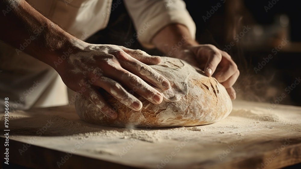 Close-up of a baker scoring a sourdough loaf, with the blade creating a precise ear in the dough, in a professional bakery. 