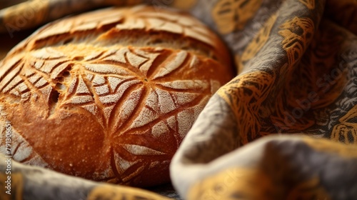 Close-up of a crusty sourdough loaf, showcasing the intricate patterns from the banneton and golden crust, on a linen cloth. 