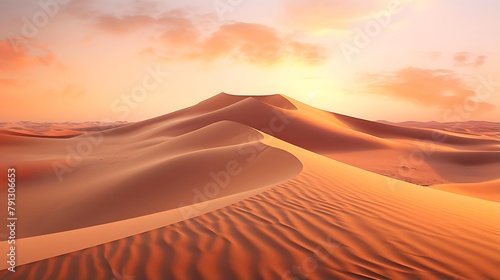 Desert sand dunes panorama at sunset. 3d render