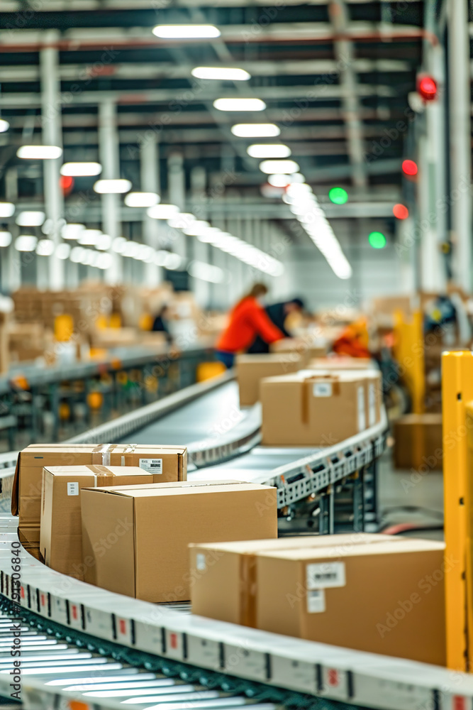 Online order fulfillment center house, automated conveyor systems, storage racks, and packing stations. Workers pick and pack items for customer orders. Online order fulfillment center house, automated conveyor systems, storage racks, and packing stations. Workers pick and pack items for customer orders.
