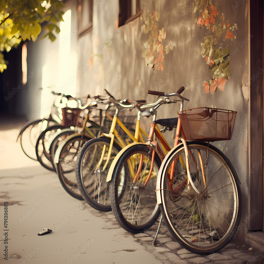 Vintage bicycles lined up against a wall. 