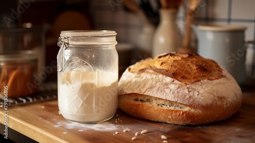 Close-up of a sourdough starter bubbling in a glass jar, next to a loaf of bread it produced, on a kitchen shelf. 