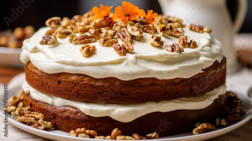 Close-up of a gluten-free carrot cake with cream cheese frosting, decorated with walnut pieces, on a cake stand.