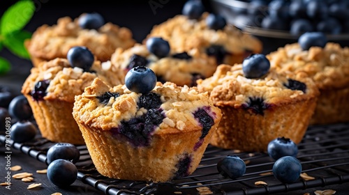 Gluten-free oatmeal muffins, close-up, with a focus on the moist texture and plump blueberries, on a cooling rack. 