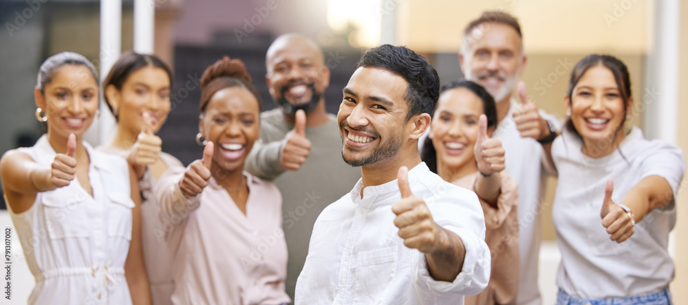 © peopleimages.com - Happy portrait, business people and thumbs up with diversity for great, good job or well done in teamwork. Group of creative employees with smile, like emoji or yes sign for review, startup or banner