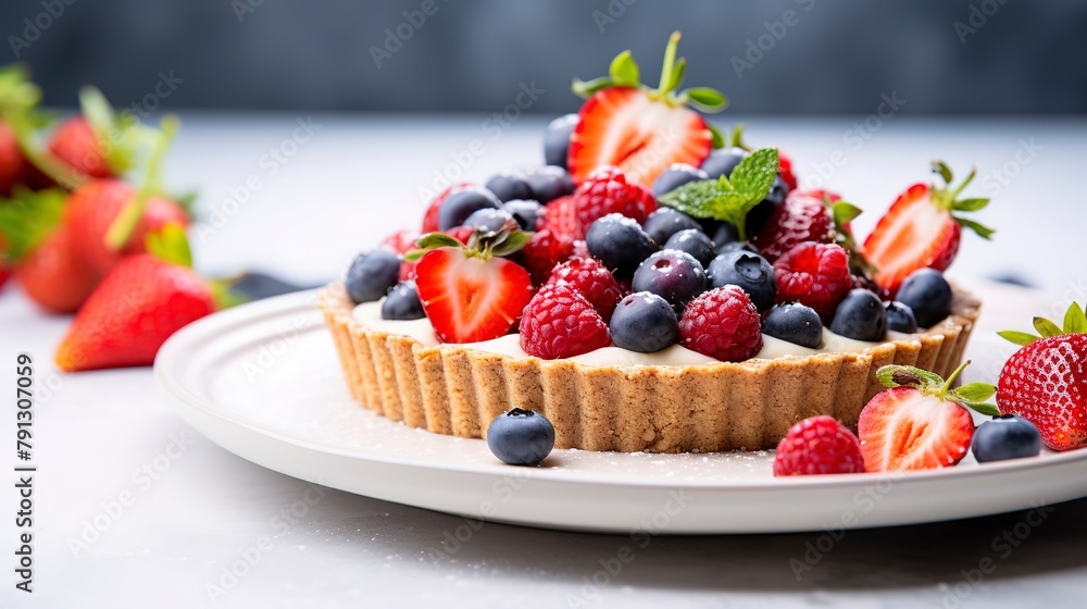 Close-up of a vegan berry tart with a crisp crust and vibrant, fresh berries atop, on a sleek, white ceramic dish. Close-up of a vegan berry tart with a crisp crust and vibrant, fresh berries atop, on a sleek, white ceramic dish.