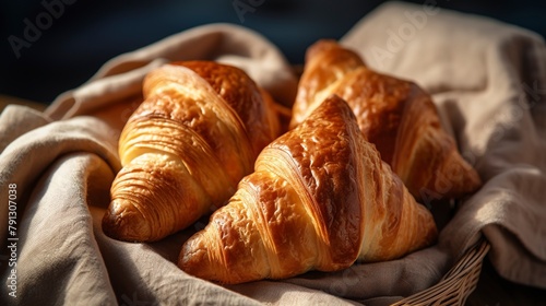 Artisan vegan croissants, close-up, with a golden flaky exterior and layers visible, on a cloth-lined basket. photo