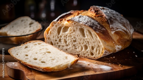 Vegan sourdough bread, close-up, highlighting the crusty exterior and airy holes, on a rustic chopping board. 