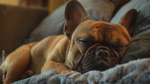 Adorable English Bulldog Puppy on a bed © artiiz