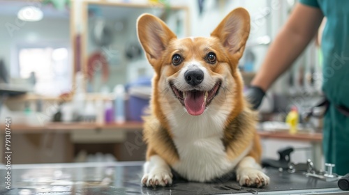  Happy Corgi Puppy in Cafe , the dog's breed, its setting, and its joyful expression © artiiz