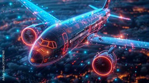 High-tech image of a digital twin concept, featuring an airplane fused with microchip circuitry and neon light elements