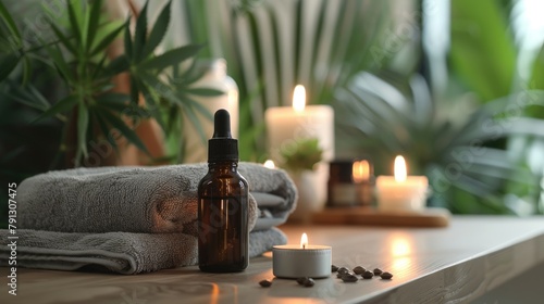 image also depicts a luxurious self-care scenario. Similar to the first, it includes a prominently displayed bottle of hemp seed oil, suggesting its importance in skin care. 
