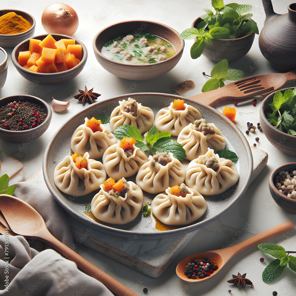 Manti Dumplings with Lamb and Pumpkin on Marble Counter Manti Dumplings with Lamb and Pumpkin on Marble Counter