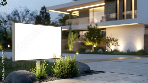 An empty white sign for mock up template, in front of modern house