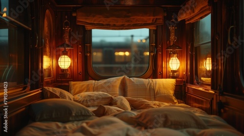 A dimly lit train car with the soft glow of lanterns and ling stars visible through the window creating a dreamy atmosphere for a romantic train trip. 2d flat cartoon. © Justlight