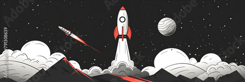 Moon Rocket Vector Lunar Exploration in Flat Style, Lovely rocket with vintage style ,Galaxy space rocket launch illustration background with steam


 photo