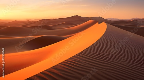 Sand dunes at sunset. Panoramic view of sand dunes in the Sahara desert.