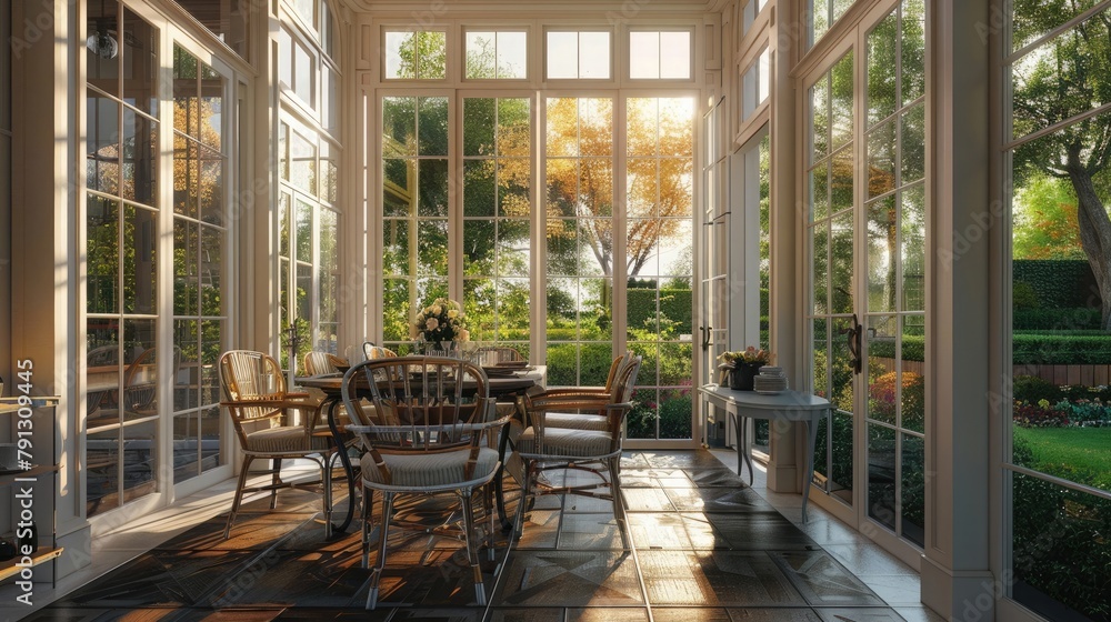 A sun-drenched dining area overlooking a lush garden, with an elegant table set for a gourmet meal and French doors thrown open to welcome in the gentle breeze, 