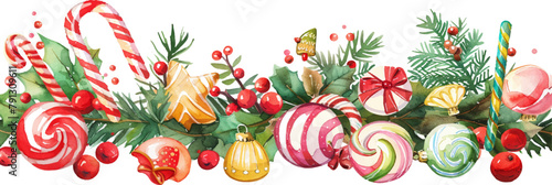watercolor Christmas candy and sweets border on white background