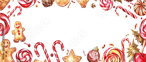 watercolor Christmas candy and sweets border on white background