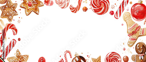 watercolor Christmas candy and sweets border on white background