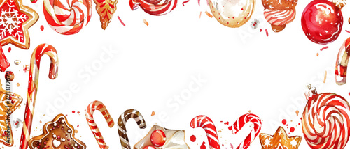 watercolor Christmas candy and sweets border on white background