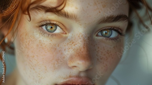 The freckles on her nose create a small but captivating constellation adding character and charm to her face. .