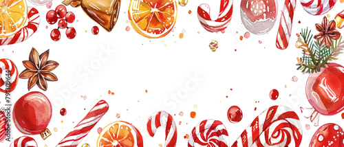 watercolor Christmas candy and sweets border on white background