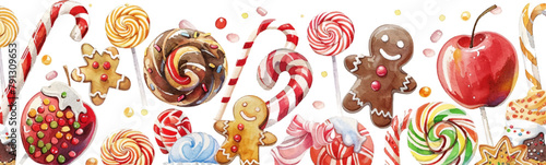 watercolor Christmas candy and sweets border on white background