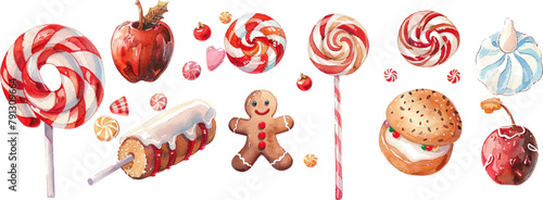 watercolor Christmas candy and sweets border on white background