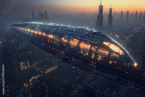 Luminous Dragon HighSpeed Train Traversing a Futuristic Cityscape Signifies Human Ingenuity and Adaptation to a Changing Environment photo