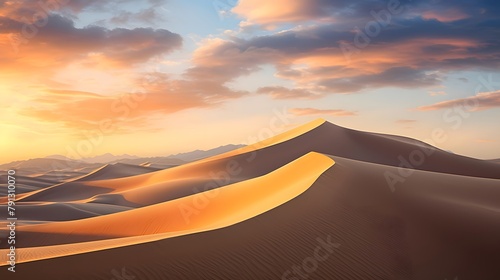 Sand dunes at sunset. Panoramic view of the desert.