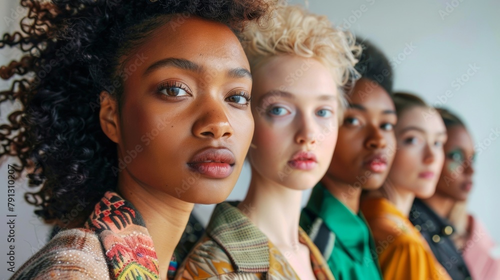 Closeup of a group of diverse models wearing ecofriendly clothing made from repurposed materials showcasing the inclusivity and intersectionality of cultural diversity in fashion. . Closeup of a group of diverse models wearing ecofriendly clothing made from repurposed materials showcasing the inclusivity and intersectionality of cultural diversity in fashion. .