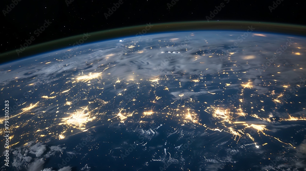 A breathtaking panoramic view of Earth from space showcasing city lights and the planet's atmosphere at night 