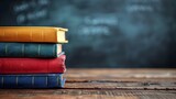 Closeup of school textbooks on wooden table with blurred chalkboard background. Concept Education, School Supplies, Closeup Photography, Learning Environment, Study Session