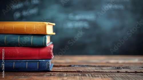 Closeup of school textbooks on wooden table with blurred chalkboard background. Concept Education, School Supplies, Closeup Photography, Learning Environment, Study Session photo