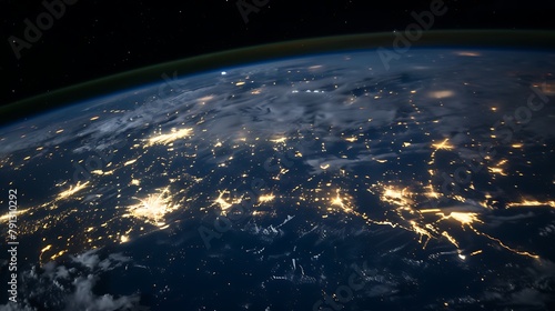 A panoramic view of the Earth from space at night, showcasing the glowing lights of cities beneath a starry sky, available for purchase. 