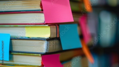 Closeup of a stack of books each with a different colored postit note attached indicating the notes and insights shared during a book club meeting. . © Justlight