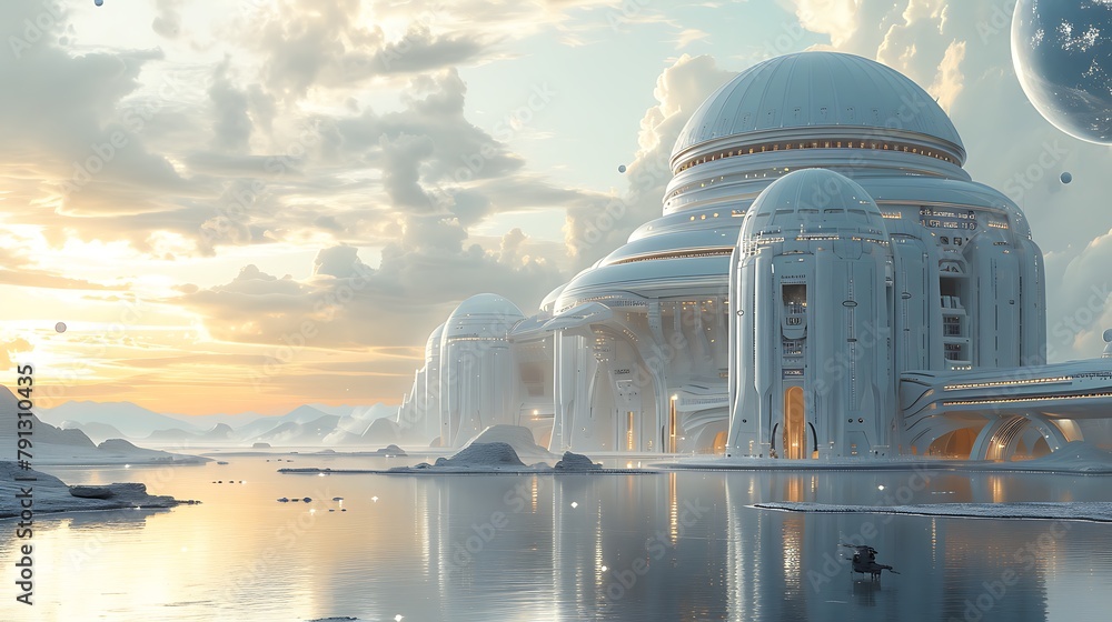Obraz premium Futuristic city with domed buildings and water reflections under a serene sky at dusk. 