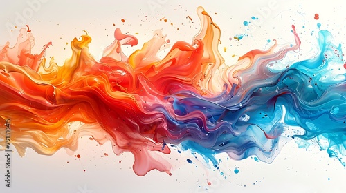 Abstract image of colorful liquid splashes in red, yellow, and blue hues merging together on a white background.