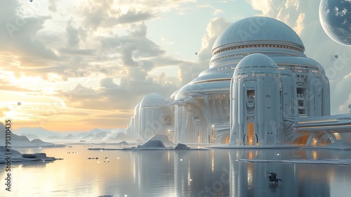 Futuristic city with domed buildings and water reflections under a serene sky at dusk.  photo