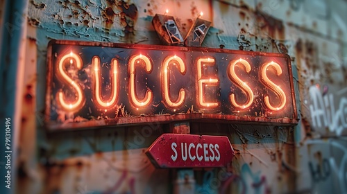 Neon sign spelling out "SUCCESS" with a rustic backdrop and a directional arrow, invoking a sense of achievement and inspiration. 